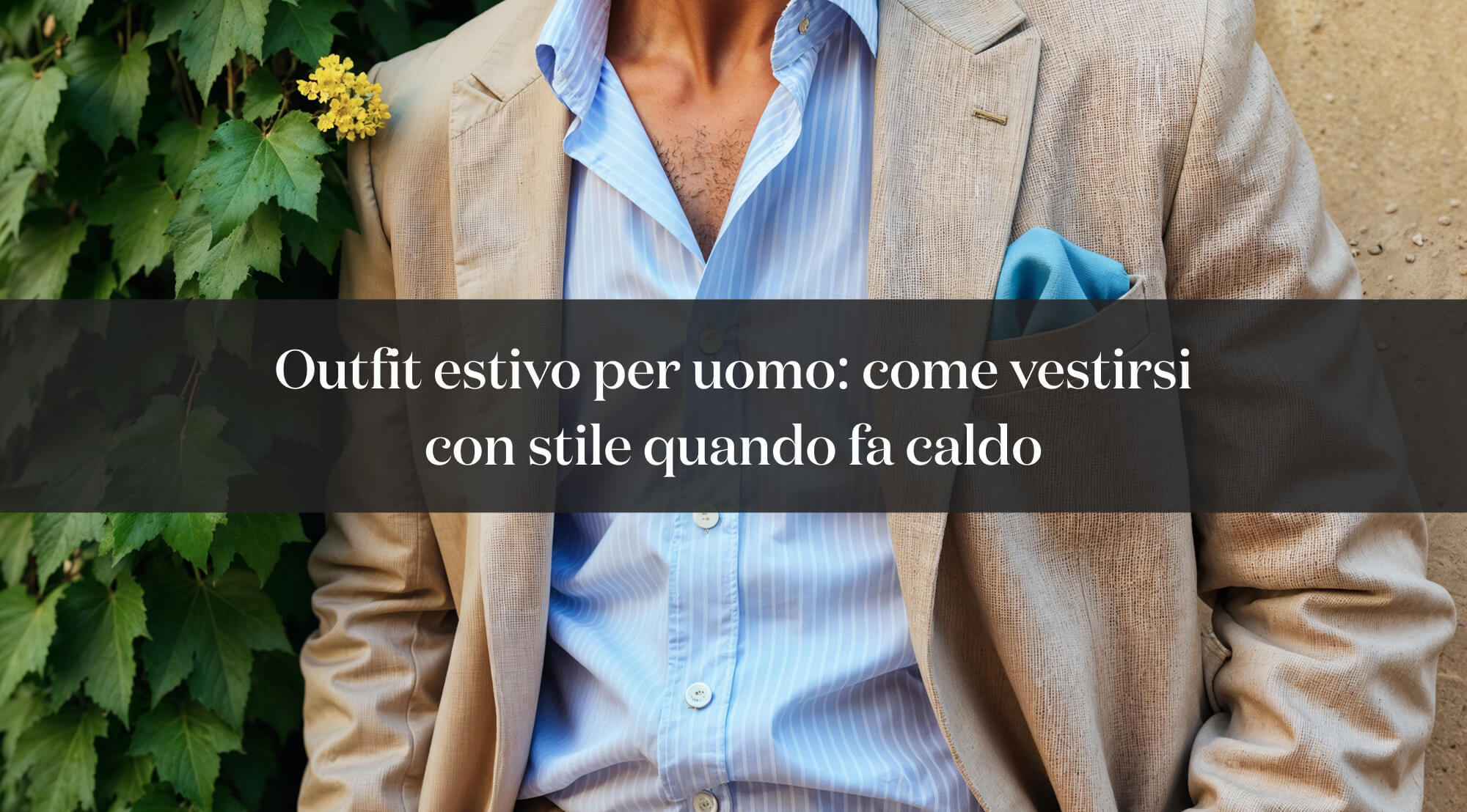 Uomo con giacca beige e camicia azzurra, con testo su come vestirsi con stile quando fa caldo.