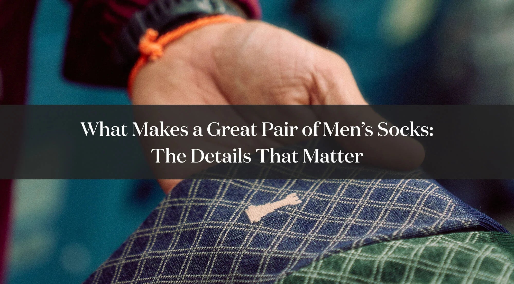 Detail of elegant patterned men’s socks, introducing sock quality features.