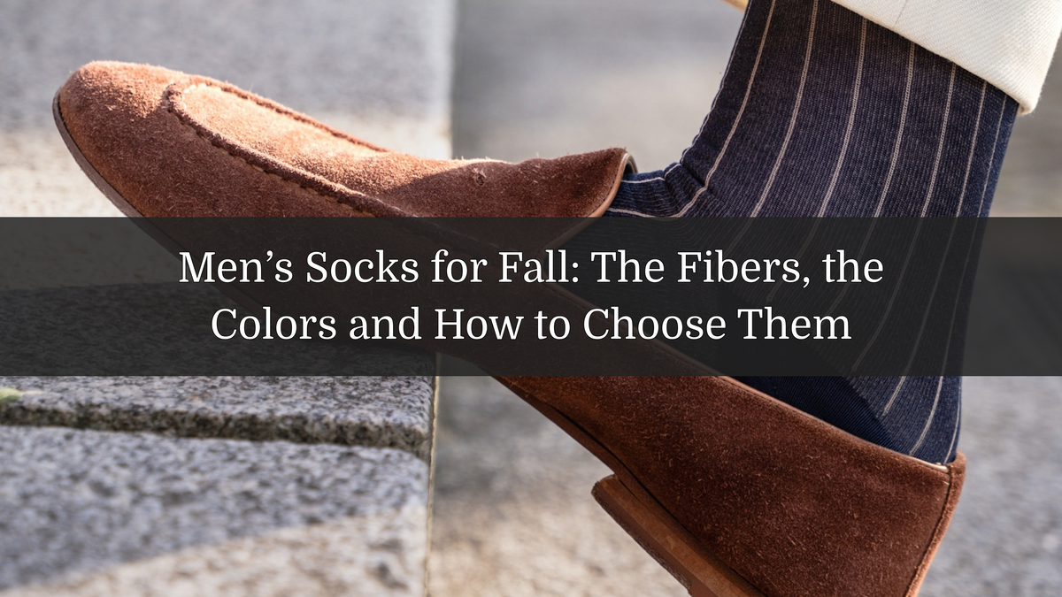 Close-up of blue striped socks paired with brown suede loafers, with an overlaid title about men’s socks for autumn.