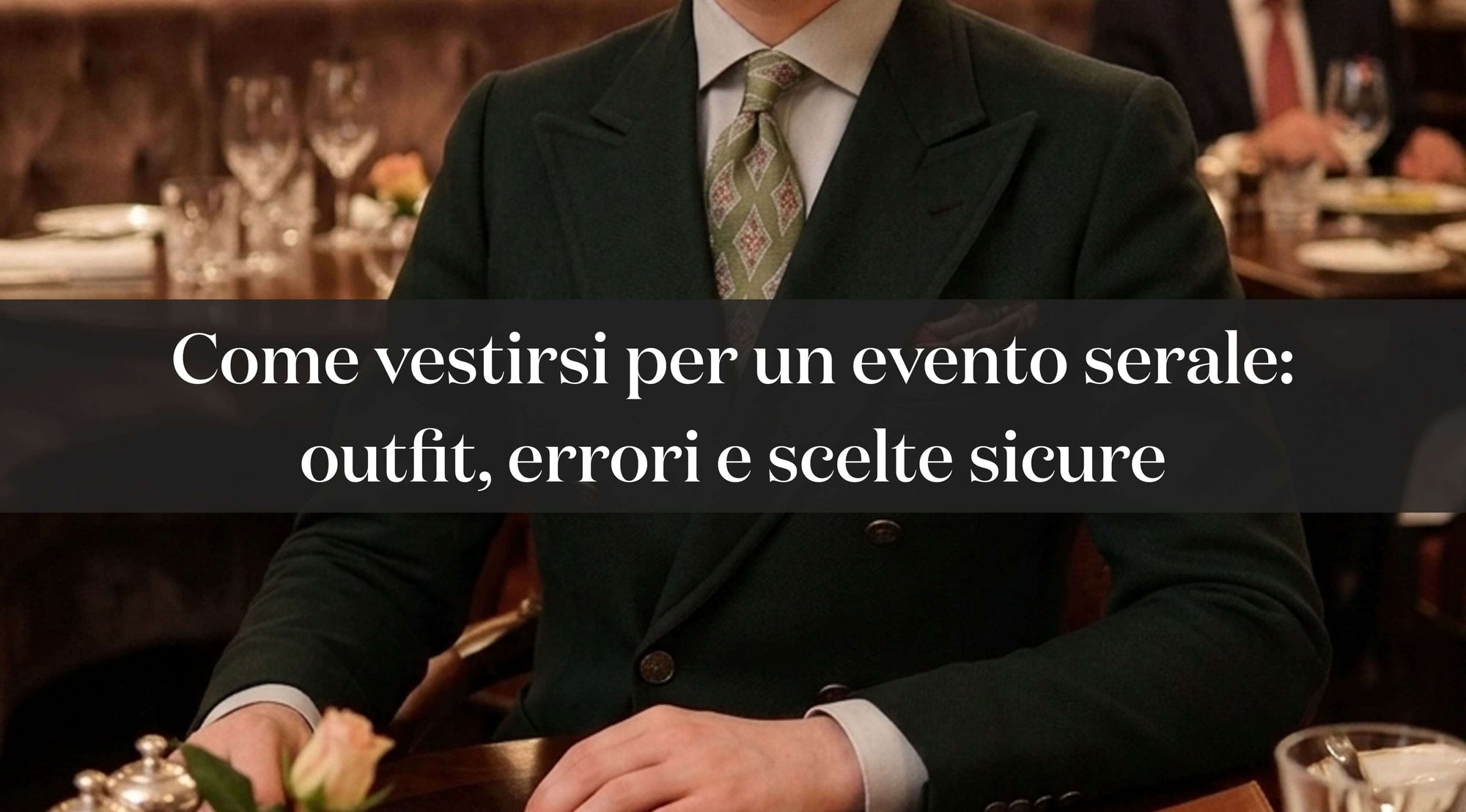 Uomo in abito elegante verde durante una cena formale con testo guida su come vestirsi per un evento serale