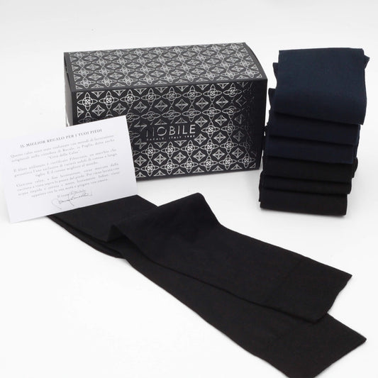 Box of 6 Chiffon Filoscozia® Lightweight knee high socks - Black & Blue Mix